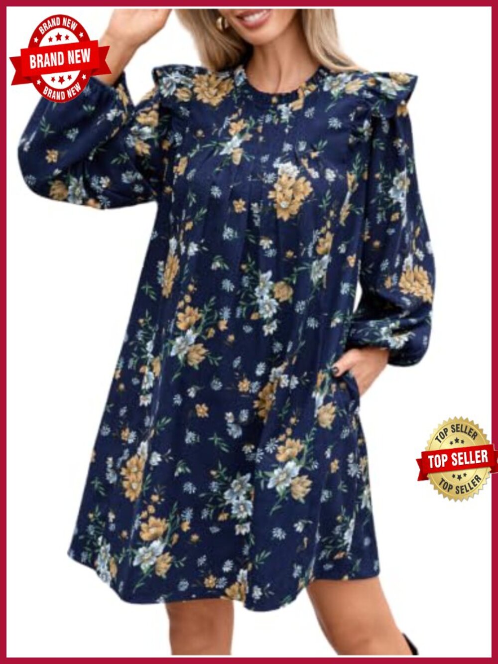 LifeShe Women's Floral Corduroy Mini Dress Ruffled Sleeve Babydoll A-Line